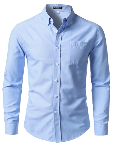 LucMatton Mens Lightweight Oxford Long-Sleeve Button-Down Shirt Business Casual Slim-fit Dress Shirts with Pocket Light Blue Large