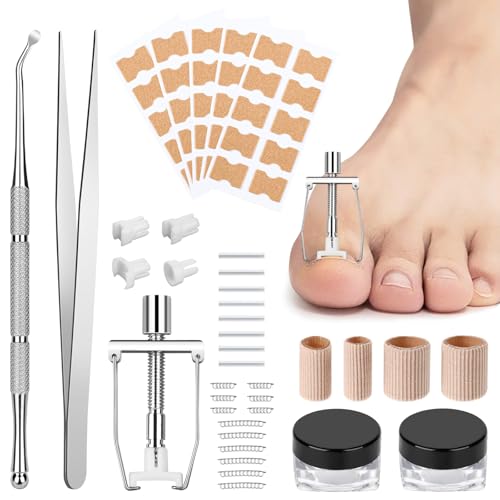 Ingrown Toenail Removal Kit, Professional Ingrown Toenail Tools Set Includes Ingrown Toenail Corrector, Tweezer, 10pcs Corrector Strips, 12pcs Podiatry Toenail Braces and 50pcs Toenail Corrector Patch