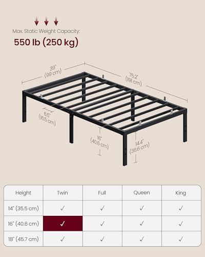 Image of VASAGLE Twin Metal Bed Frame 16 Inches Tall, 550 lb Weight Capacity, No Box Spring Needed, with Under-Bed Storage, Easy Setup, Heavy-Duty Platform Bed, Mattress Retainers, Matte Black URMB663BD02S