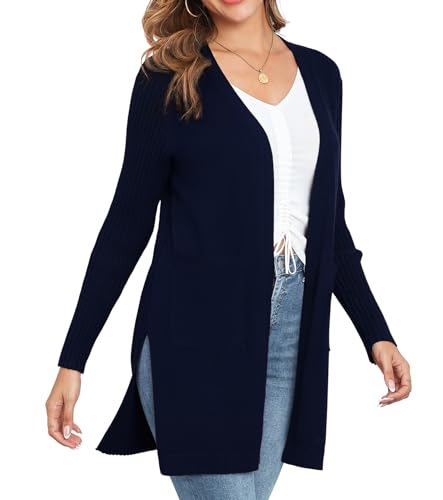 Image of Women's Cardigan Sweaters V-Neck Long Sleeves with Two Pockets Side Split Hem Open Front Knit Casual Cardigan