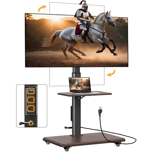 90° Swivel Rolling TV Stand on Wheels with Hand Crank Infinitely Adjustable Height, Portable Mobile TV Stand with Power Outlet, Rolling TV Cart with Wheels for 26 to 32 65 70 75 inch TVs (Brown)
