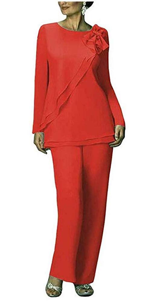 Leader of the Beauty Women's Two Pieces Outfit Wedding Formal Gowns Chiffon Pants Suits for Mother of The Bride Plus Size 14 Red