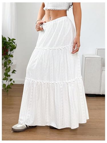 SweatyRocks Women's Ruffle Frill Tiered Eyelet Embroidery Elastic Waist Boho Maxi Skirts3