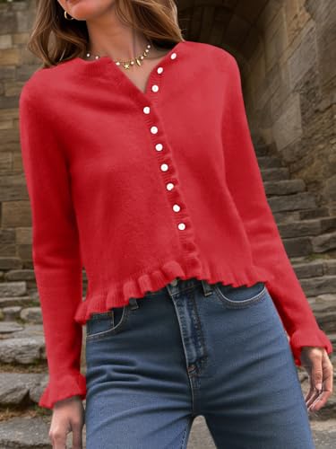 Image of Saodimallsu Womens Ruffle Cardigan Sweaters Button Up Crew Neck Long Sleeve Cropped Sweater Cute Soft Knit Tops