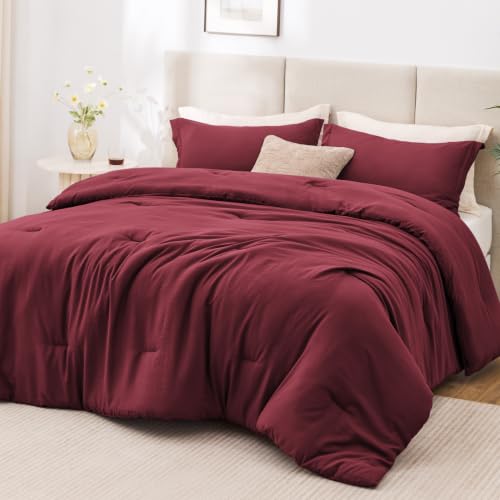 Image of Love's cabin Burgundy King Size Comforter Set, 3-Piece Prewashed Bed Set with 1 Comforter (104 x 90 in) & 2 Pillowcases, Lightweight & Breathable for All Seasons
