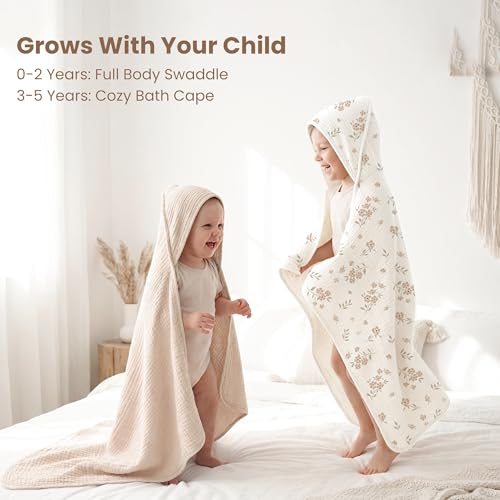 Image of Konssy 2-Pack Muslin Hooded Baby Towels, 100% Cotton, Ultra-Soft & Absorbent Baby Bath Towels with Hood for Newborn & Infant (Cream, Blossom,32 inch x 32 inch)
