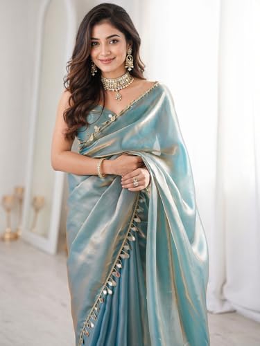 Image of SATAZ Ready To Wear Saree For Women Pre Pleated Satin Silk Readymade With Mirror Lace And Unstitched Blouse (Sky Blue)