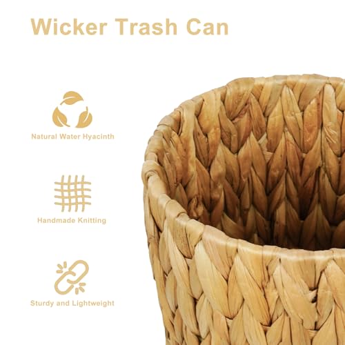 Fhuopoer Small Trash Can Wicker, Bathroom Wicker Bin, Water Hyacinth Waste Paper Basket, Boho Rattan Waste Bin For Bedroom, Home Office, Compact Spaces (2 Gallon) - 4
