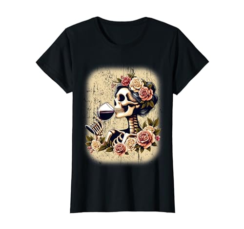 Female Skeleton Wine Drinking Vintage Halloween Wine Lover T-Shirt