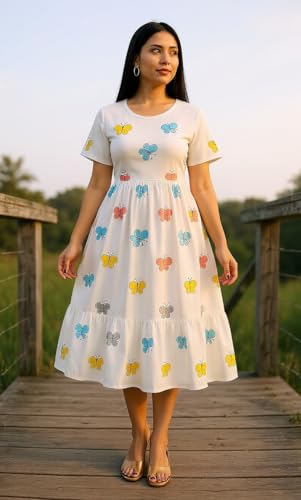 Image of Women's White Cotton Floral Print Dress | Round Neck Regular Sleeve | Trendy Casual Summer Dress