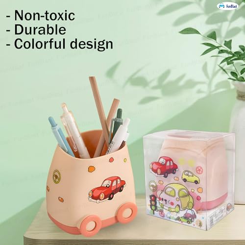 Image of FunBlast Pen Stand for Study Table, Car Stationary Organizer with Kawaii Stickers, Pen Stand for Kids & Girls, Desk Organizer, Birthday Return Gifts for Kids (Peach)