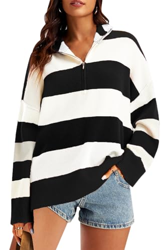 Womens Striped Oversized Sweaters Trendy Quarter Zip Long Sleeve Loose Knit Pullover Fall Color Block Casual Tops