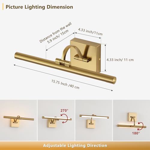 Image of DESOOP Brass Picture Lights for wall Hard-Wired LED Picture Lighting Dimmable Art Light Gallery Lighting for Wall Portraits Artwork 15.75 inch 7W Warm White (Pack of 2)
