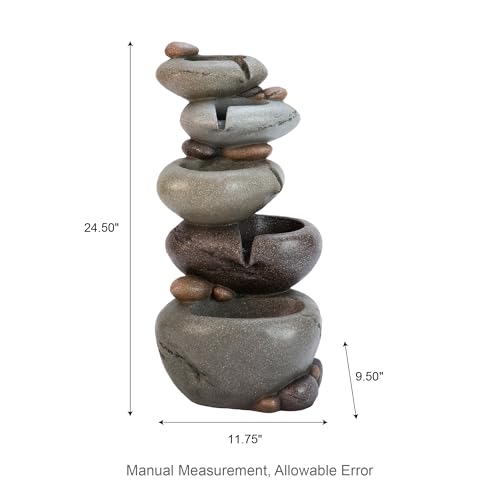 Image of Glitzhome Water Fountain Outdoor, 5-Tiered Stacked Pebbles Outdoor Fountain with LED Lights and Pump, 24.5 inch H Zen Style Polyresin Waterfall Fountain Water Feature for Garden, Yard, Patio, Porch Decor
