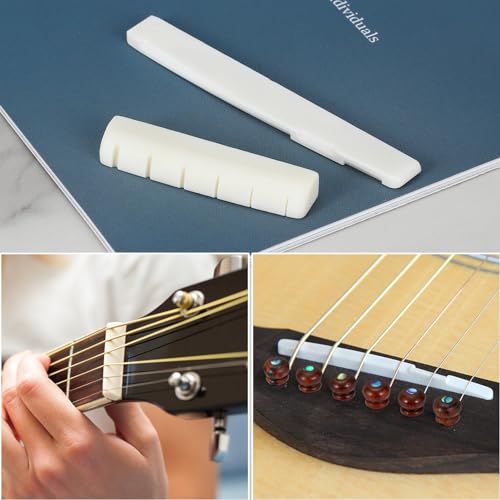 Blisstime 6 String Acoustic Guitar Bone Bridge Saddle and Nut and 6pcs Rosewood Guitar Bridge Pins
