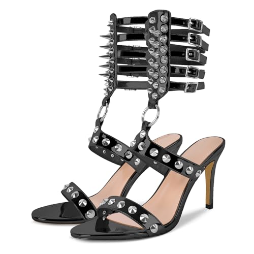 richealnini Sparkle Studded Rivet Heels for Women Ankle Buckle Wrap Strappy Sandals Gladiator Stiletto High Heels