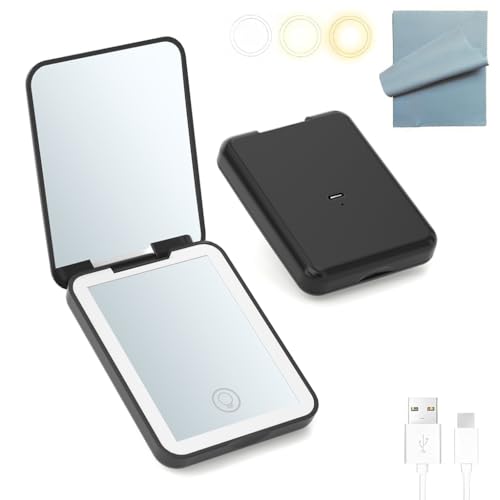 Image of MAYCREATE LED Travel Makeup Mirror, 2X Magnifying Pocket Mirror USB Charging Folding Mirror, Small Portable Wallet Mirror with 3 Colors Brightness Adjustable for Women Gifts
