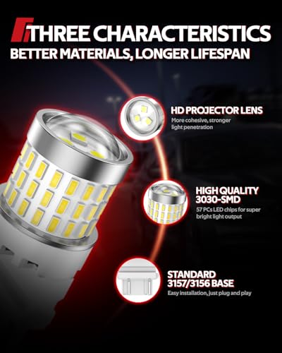 Image of Torchbeam Upgraded 3157 LED Reverse Light Bulbs 6000K White - Super Bright 3000LM Backup Brake Tail Lights, 3156 4157 3057 3457 4114 Replacement Bulbs with HD Projector, DRL Parking Lights (2 Pcs)