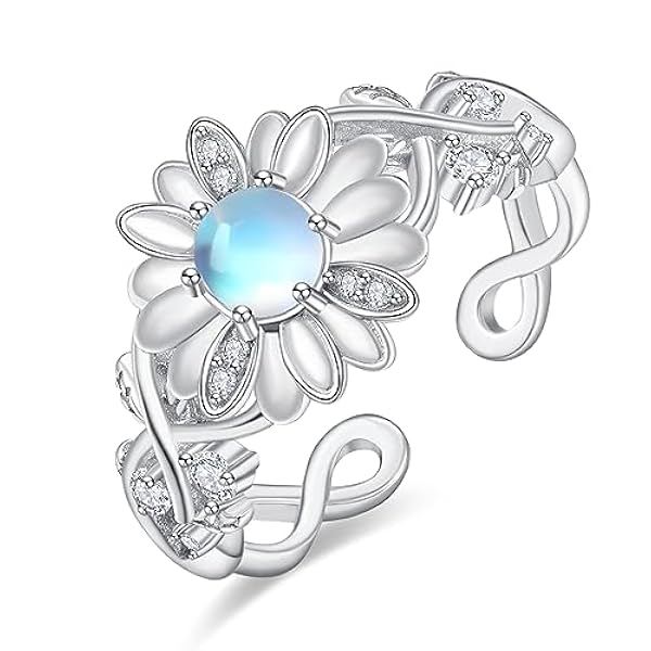 TANGPOET Anillo de margarita de plata de ley 925 con piedra lunar, anillo de promesa, anillo de compromiso, regalo para mujeres y mujeres, Plata de ley