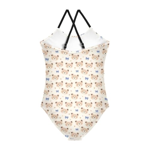 senya Girls Swimsuits One-Piece Swimwear Tie Bathing Suit Beach Summer Round Neck 9-10T Bear Blue Bow Pattern2