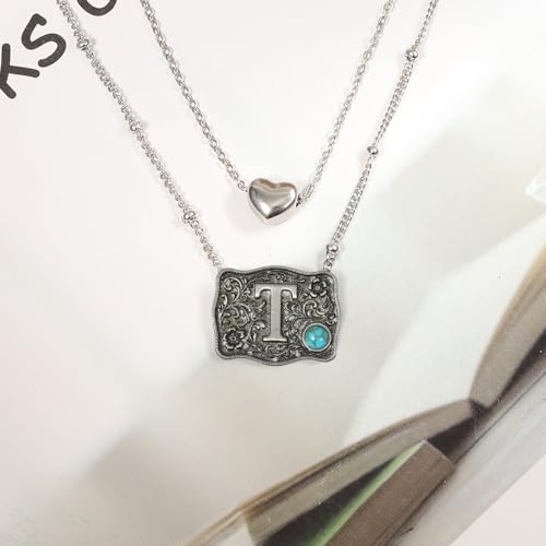 Image of Belt Buckle Bracelet Initial Letter A-Z Bracelets Western Cow Tag Bracelet Belt Buckle Necklace Western Style Initial Letter Pendant Necklace
