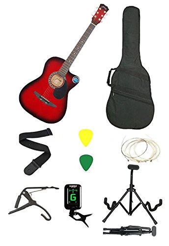 Red Acoustic Guitar with Foldable Stand,Tuner,Capo,Bag,Starp,strings,picks