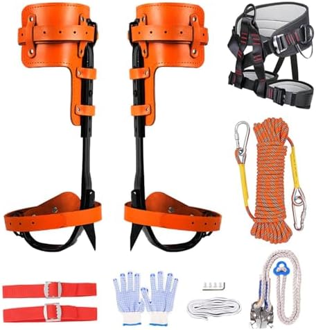 Rohseson Tree Climbing Spikes, Cowhide Leather Tree Climbing Gear with Non-Slip Pedal, Adjustable Tree Climbing Tool Set with Harness Rope for Climbing, Hunting, Picking Fruit, Pet Saving