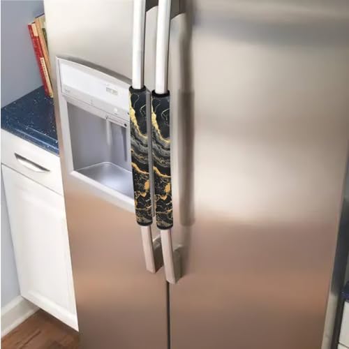 Image of Fridge Door Handle Covers Set of 6 Waterproof Antiskid Protector Decor Handles for Refrigerator, Microwave, Dishwasher, Kitchen Cabinet, Oven, Black Gold Marble Print