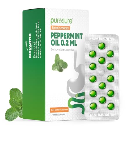 Purosure Enteric Coated Peppermint Oil Capsules - 84 Soft Gel Caps (0.2ml Each) Gastro-Resistant Natural Soothing Mint Sealed in Hygienic Blister Strips Supports Healthy Digestion