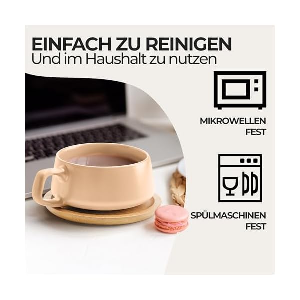 MIAMIO - 4 x 320 ml Kaffeetassen/Cappuccino Tassen mit Unterteller/elegant/modern/Kaffeebecher aus Steingut - Luxe Kollektion 4er Set – Bild 5