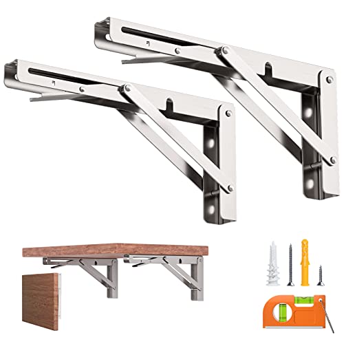 8-Inch Foldable Brackets for DIY Folding Shelves or Tables, L Shelf Brackets Collapsible, Heavy Duty Stainless Steel, Max Load 300lbs, Silver, 2 Pcs