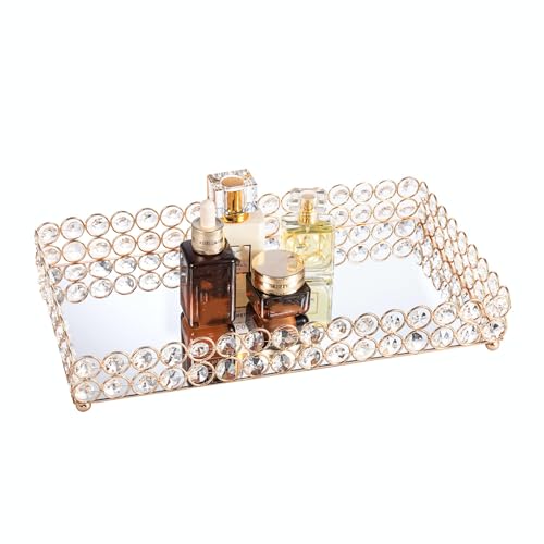Feyarl Crystal Perfume Fragrance Tray Cosmetic Makeup Vanity Tray Jewelry Trinket Ring Earring Display Organizer Decorative Skin Care Storage for Home Dresser Countertop(13.7 x 7.87 inch)