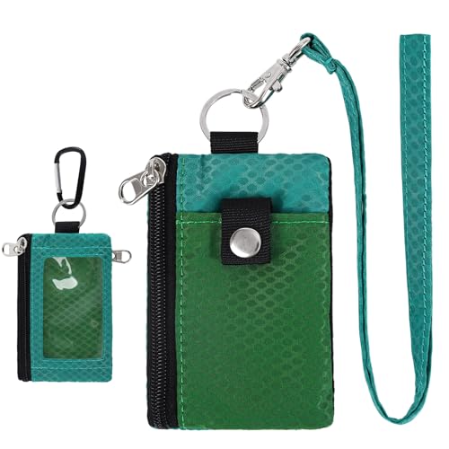 Image of MASAPHlL Small Lanyard Wallet for Women /Men with RFID Blocking ID Card Wallet, Minimalist Nylon Zipper Pouch, Travel Neck Wallet with Keychain, ID Window for Card,Coin,Cash (Olive Green+Green)