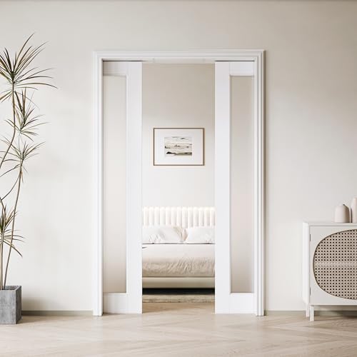 Image of Frosted Glass 1-Lite Sliding Pocket Doors White Standard Door with Hardware Kit Set,60 inchx96 inch