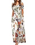 CHERFLY Damen Sommer Maxikleid Casual Schulterfrei Freizeit Strandkleider mit Taschen (Weiß mit Rot,XL)