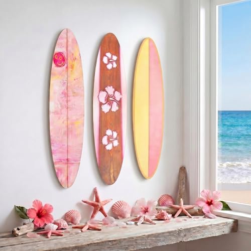 Novabright 3 Pcs Surfboard Wall Decor Large Pink Wooden Surfboard Wall Art Tropical Beach Room Decor Pink Hibiscus Flower Preppy Aesthetic for Surfer Home Bedroom Decoration 23.6 x 5.4 Inch