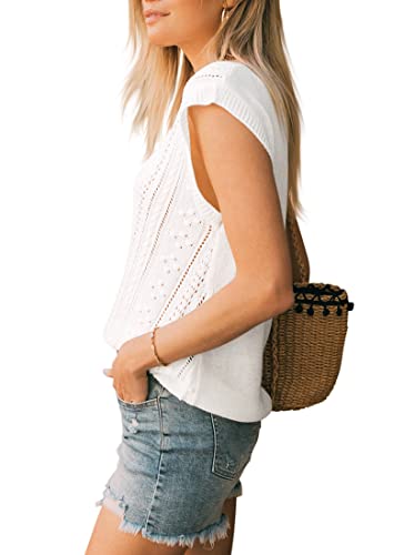 Langwyqu Womens Cap Sleeve Tops Summer Crew Neck Shirt Lightweight Crochet Knit Sweater4