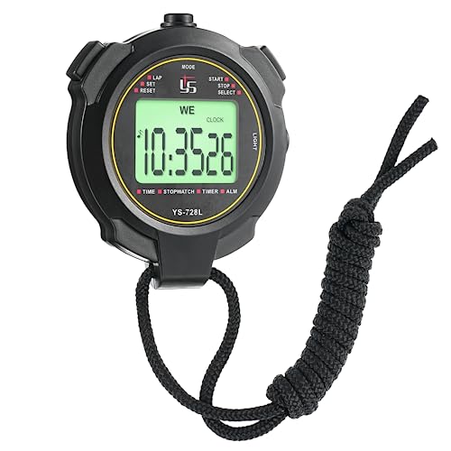 Luminous Stopwatch – Sports Stopwatch Timer with Clock Calendar Alarm, Handheld Digital Stopwatch with Lanyard, Hockproof Stop Watch for Coach Referee Sports Training Swimming Running (Black)