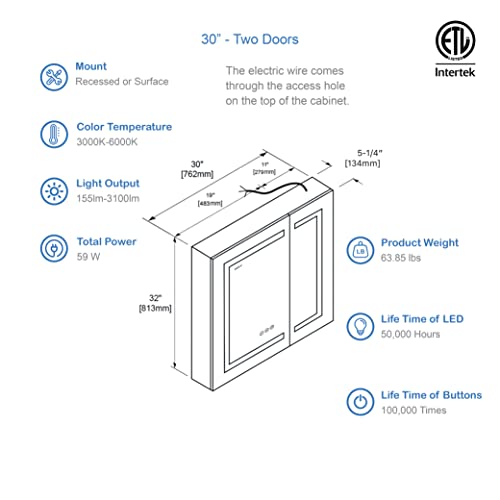 Blossom Recessed Or Surface Led Mirror Medicine Cabinet With Lights, Led Medicine Cabinet W/Defogger, Dimmer, 3X Makeup Mirror, Outlets & Usb (30X32/Zoom Mirror) #TOP1