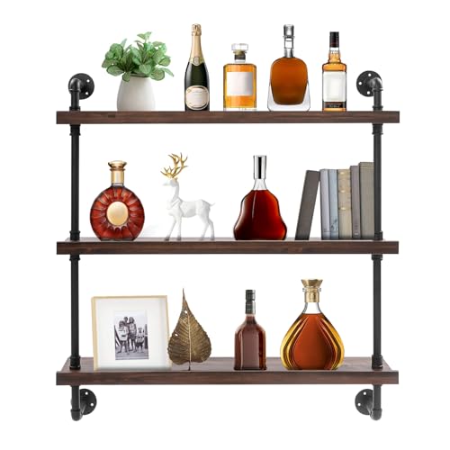Bacocoo 39.7in Large Wine Rack with LED Light Solid Wood Wall Mounted Wine Rack, 3-Tiers Liquor Bottles Floating Shelves Display Storage Organizer for Home Bar & Dining Room. (Dark Walnut)