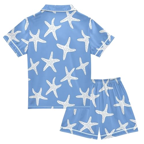 Blue Simple Starfish Pattern Summer Satin Pajama Set, Cute Button-Down Sleepwear Pj Set for Sleep Wears2