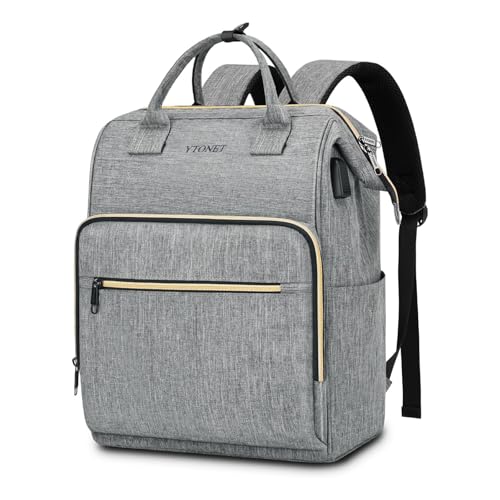 Ytonet Laptop Backpack Women, Backpack Womens Ladies Backpack Rucksack Wide Open Top with USB Port for 15.6 inch Laptop Work Bag for Women Water Resistant Gifts Teacher School College Travel, Grey
