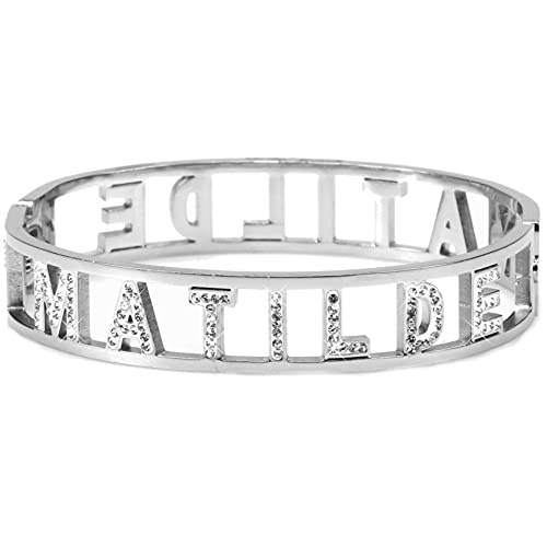 Flowers Bracciale Rigido Acciaio con Nome Vari e Zirconcini Sacchettino in tessuto Scritta nome ricoperta di strass Brillantissimi Bracciale a Manetta Donna Chiusura a molla Idea Regalo