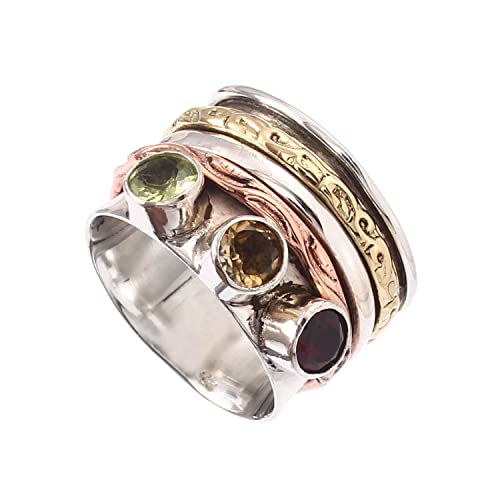Peridot-Citrine-Garnet Spinner Ring Meditation Spinning 925 Sterling Silver Ring Fidget Anxiety Band Gift For Her (13) #TOP17