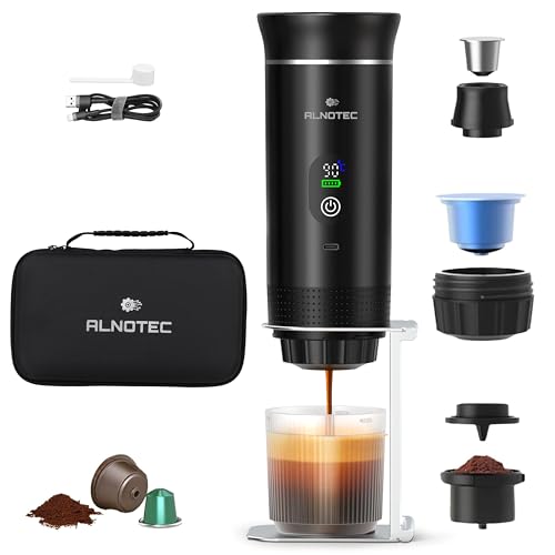 Alnotec Cafetera Expresso Portátil Negro 80ml - Compatible con NES/DG/Café Molido - USB-C - Pantalla LED - Batería 7500mAh - Funda + Soporte - Café Caliente/Frío Nomada