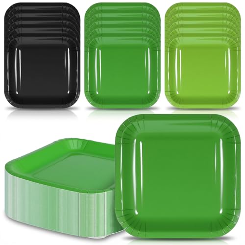120 Pcs Square Paper Plates Disposable Square Birthday Party Dessert Plates Paper Dinner Plate for Party Theme Decorations Wedding Halloween Bridal Shower(Black Grass green Dark green 7 Inch)