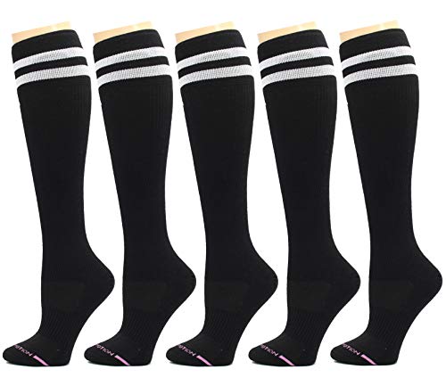 Dr. Motion 5 Pairs Therapeutic Graduated 8-15mmHg Compression Women's Knee-hi Socks (Pack-Black with stripe)