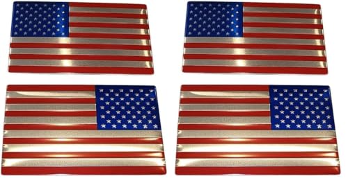 Image of Muzzys (Set of Two) 3 inchx5 inch Red Chrome Blue Aluminum Embossed Left & Right American Flag Decal Emblem Sticker Badge United States Stick On Fender Bed Car Truck Window Glass USA 250th (Pack of 2)