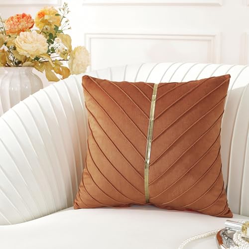 Image of TAOSON Pack of 2 Burnt Orange Velvet Throw Pillow Covers 18x18 Inch - Gold Leather Decorative Cushion Cases for Spring Summer Sofa Living Room Bedroom Decor