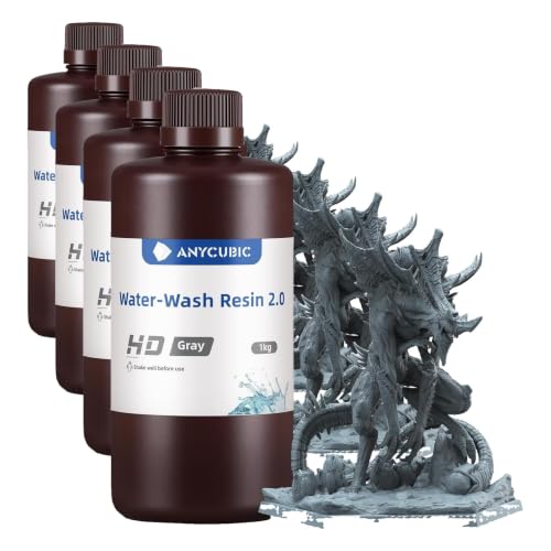 Image of ANYCUBIC 3D Printer Resin, Water Washable Resin 2.0 8K, No Need Extra Alcohol and Easy to Clean, Fast Curing, Low Odor, Wide Compatibility for All LCD Resin 3D Printers (HD Grey, 1kg) (Pack of 4)